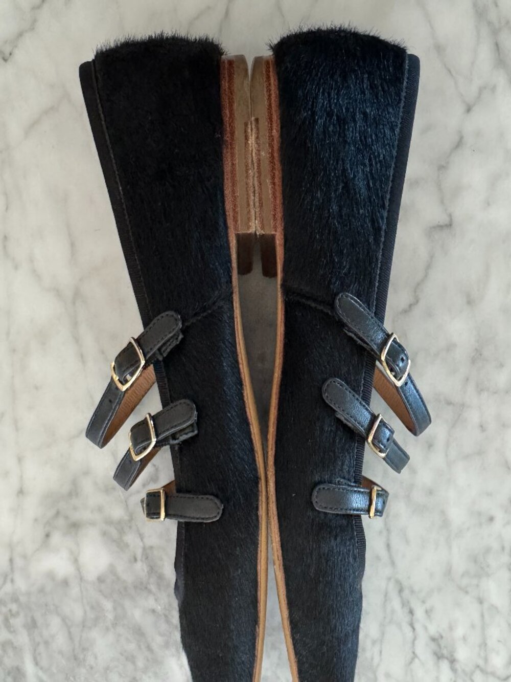 Mansur Gavriel Black Calf Hair Triple Strap Mary Jane Flats Size 8 / 38 - Picture 11 of 11
